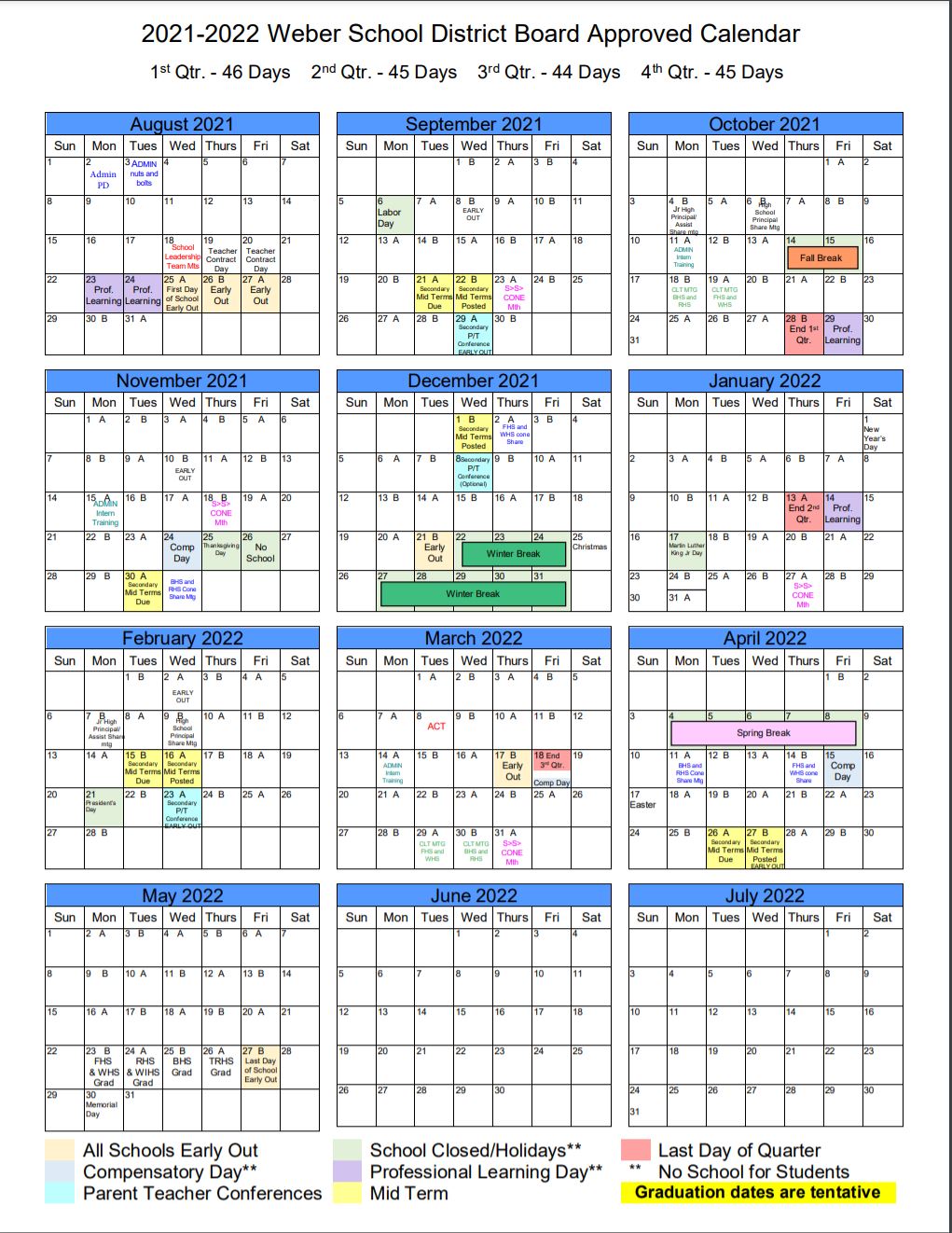 2021 2022 Weber School District Board Approved Calendar