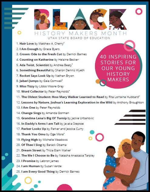 BLACK HISTORY MAKERS MONTH by Utah State Board of Education. List of 40 inspiring stories for our young history makers. 