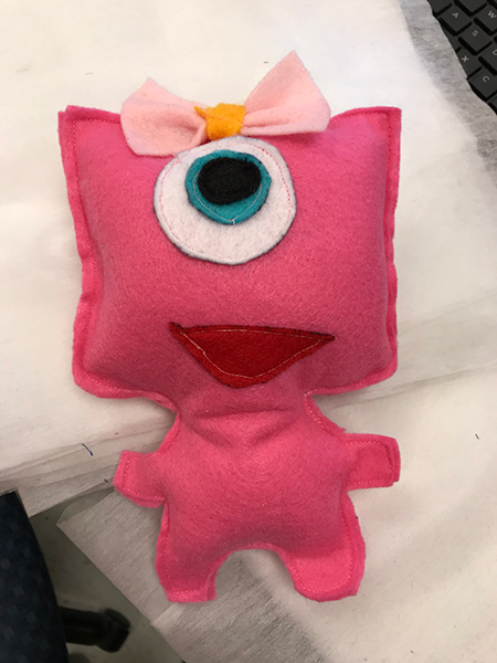 Pink stuffed animal that was made by Orion FACS